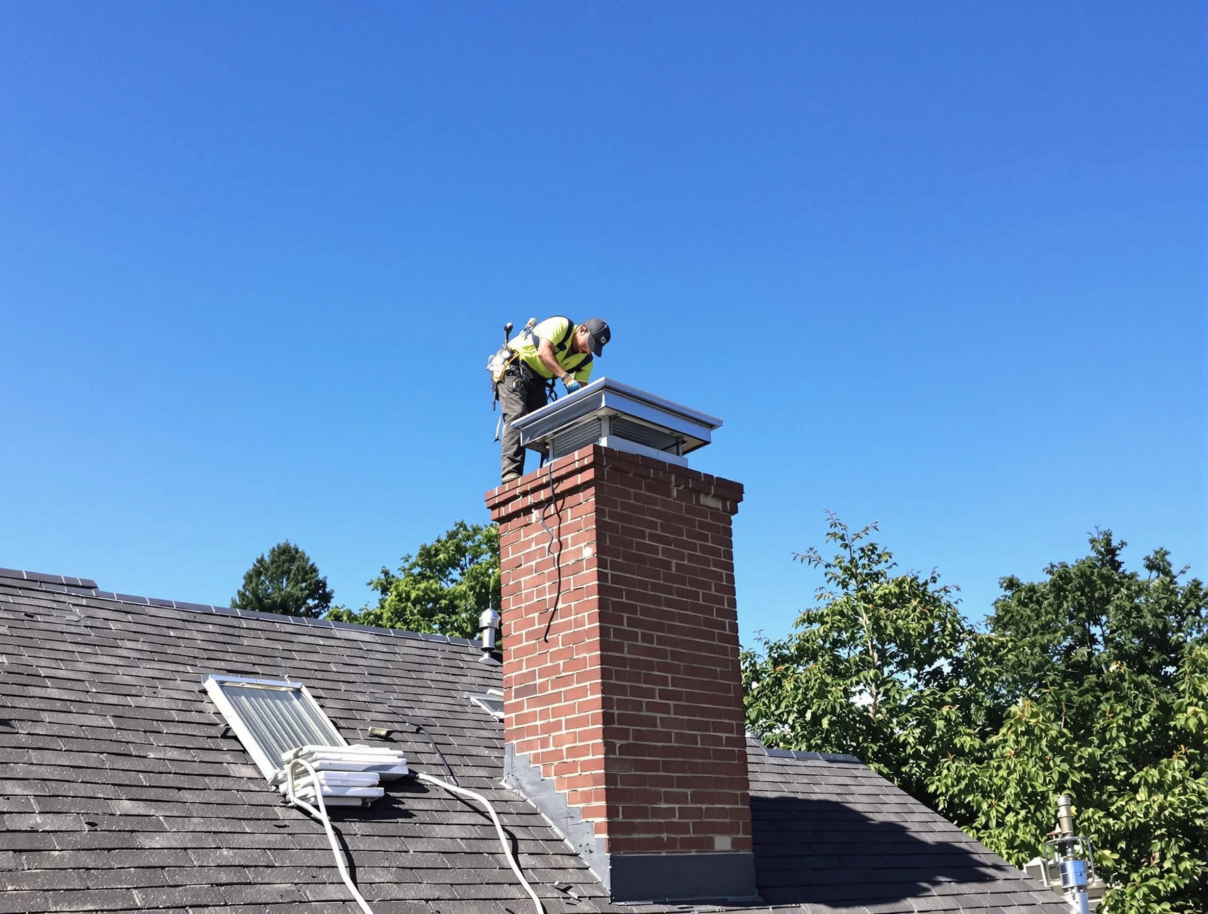 Saugus Chimney Sweep technician measuring a chimney cap in Saugus, MA